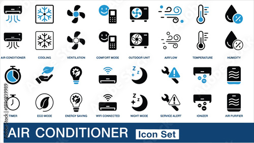 Air conditioner icon set featuring cooling, temperature control, ventilation, airflow, eco mode, humidity, timer, air purifier, and energy-saving symbols. Editable line and solid icon collection.