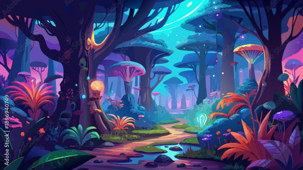 Fototapeta premium Very beautiful otherworldly forest glowing at night with bioluminescent plants and exotic trees, creating a vibrant fantasy environment filled with color, wonder, and magical energy.