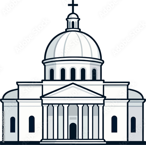 Christian Church Dome with Cross Line Art Outline Vector, Neoclassical Cathedral Silhouette Icon