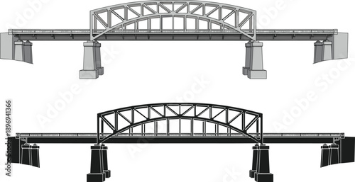 Set of two architectural vector illustrations featuring a modern tied arch bridge design with technical gray line art and a solid black silhouette icon