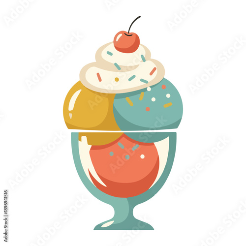 Vibrant vector illustration of a delightful ice cream sundae, featuring three colorful scoops topped with whipped cream, sprinkles, and a cherry, perfect for sweet treat concepts