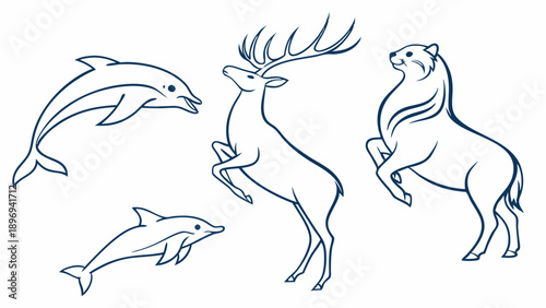 Dynamic Line Art Icons of Dolphin Stag and Rearing Feline for Wildlife Logos Heraldry Design Elements