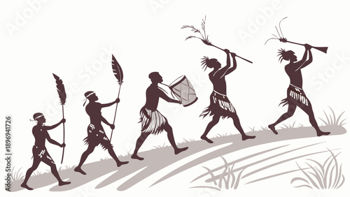 Tribal Evolution Journey Progression Silhouette Figures Advancing Uphill with Spears Drums and Horns for Cultural History Design