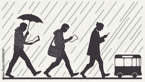 Silhouettes of Commuters Walking in Heavy Rain Focused on Devices for Digital Distraction and Urban Transit Illustration