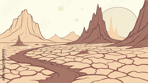 Arid Alien Desert Landscape with Cracked Earth Riverbed for Sci Fi Game Background or Environmental Crisis Web Design