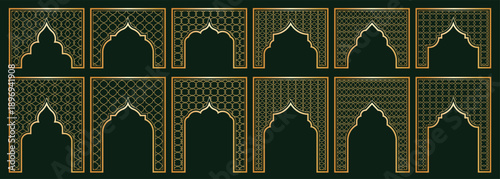 Geometric islamic arch designs showcasing diverse lattice patterns in traditional style