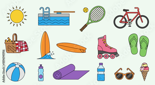 Summer recreation and leisure activities collection icons.