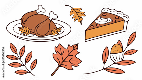 Thanksgiving Dinner Icons Roasted Turkey Slice Pumpkin Pie Autumn Leaves for Holiday Web Design Menus and Seasonal Promotion