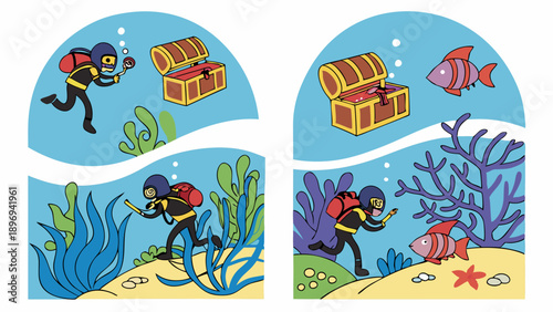 Underwater Scuba Diver Finds Hidden Treasure Chest Near Coral Reef for Adventure Game Design or Vacation Brochure