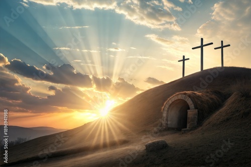 Resurrection Concept - Empty Tomb With Three Crosses On Hill At Sunrise