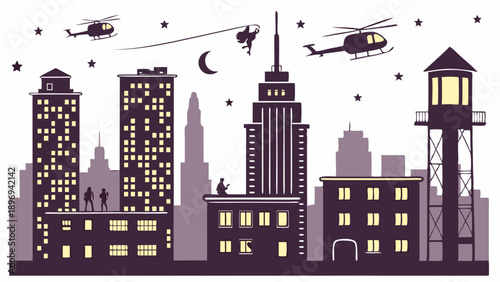 Urban Night Action Scene Rooftop Spies Rappelling from Helicopter Silhouette for Thriller Movie Poster Design