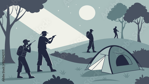 Armed Campers Guarding Tent at Night with Bright Flashlight Beam Under Full Moon for Security or Survival Content