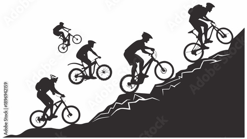 Mountain Biker Silhouettes Climbing Steep Rocky Terrain Showing Progression and Extreme Sports Endurance for Adventure Advertising and Fitness Websites