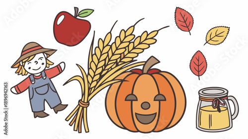 Autumn Harvest Icons Pumpkin Apple Wheat Jar for Fall Holiday Seasonal Website Design or Thanksgiving Promotion
