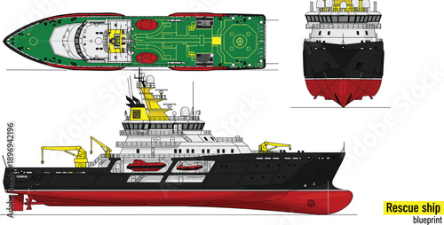 Detailed rescue ship blueprint illustration showing offshore patrol vessel deck layout, side and front views for maritime engineering, naval architecture, and marine design projects