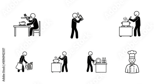 Stick Figure Cooking and Eating Scenes Collection.