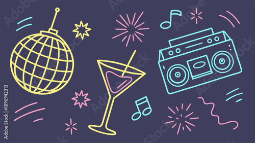 Neon Retro Party Icons for Nightclub Flyer Design Music Celebration Cocktail Bar Promotion Background