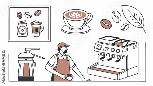 Barista Preparing Coffee Drinks with Espresso Machine for Cafe Menu Design and Food Service Promotion