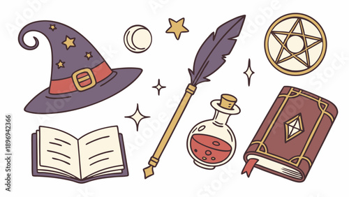 Witchcraft and Magic Icons Set for Occult Design Spell Book Potion Quill Hat Pentagram for Halloween or Fantasy Web Graphics