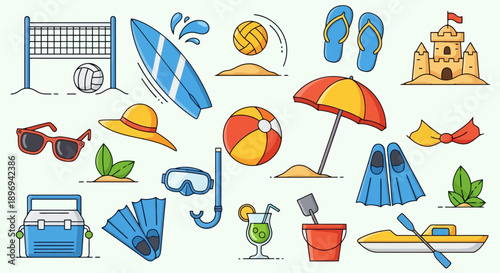 Summer Beach Vacation Objects Collection Vector Illustration.
