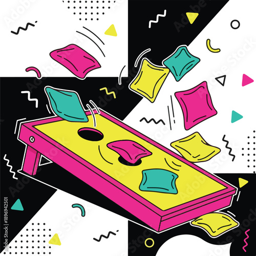 Vibrant vector illustration of a cornhole game, showing colorful beanbags in motion around a bright yellow board with a playful retro geometric background