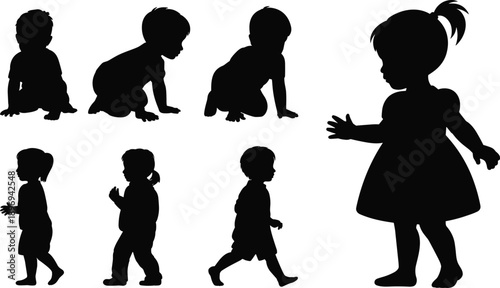 Baby and toddler silhouette poses set, crawling walking children stages, cute kid development icons, isolated black figures, flat vector illustration