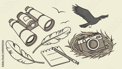 Birdwatching Adventure Gear Binoculars Camera Nest Feathers Notebook for Nature Observation and Wildlife Photography Hobbyists