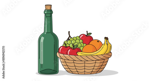 Still Life with Green Bottle and Wicker Basket Filled with Assorted Fruits.
