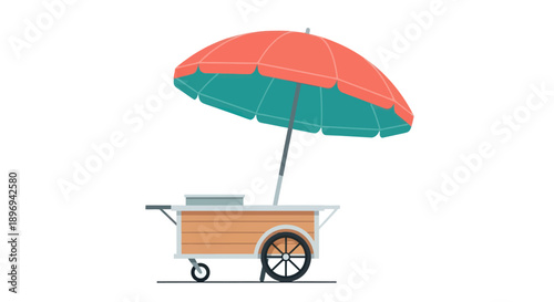 Colorful Umbrella Covers a Wooden Food Cart with Wheels.