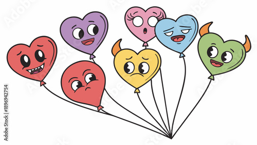 Diverse Heart Balloons Displaying Mixed Emotions for Valentine's Day Web Design or Greeting Card Graphics