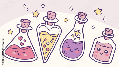 Cute Kawaii Potion Bottles for Love Magic Elixir Design Elements for Valentine's Day Web Graphics