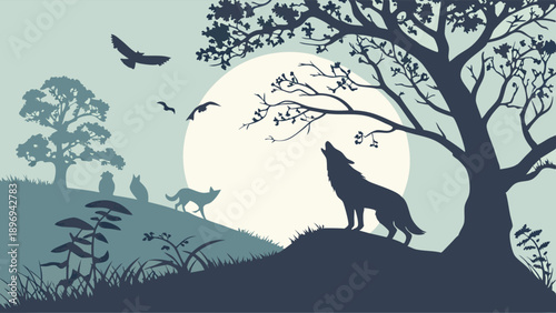 Wolf Howling at Full Moon Silhouette Night Landscape for Wilderness Adventure Travel or Mystical Themed Web Design