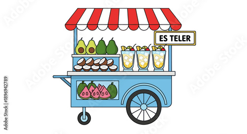 Colorful Es Teler Cart with Fruits and Drinks Indonesian Street Food Illustration.