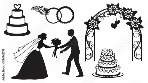 Wedding Silhouette Icon Set Bride Groom Cake Arch Rings for Invitations Design Celebration Love Celebration