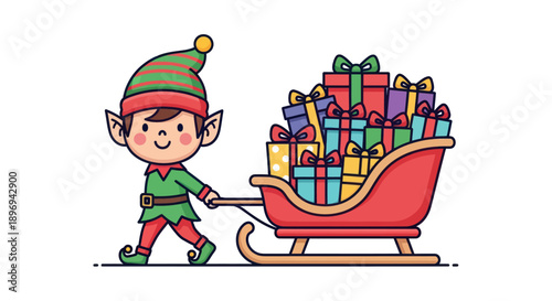 Cartoon Elf Pulling a Sleigh Full of Colorful Christmas Presents.