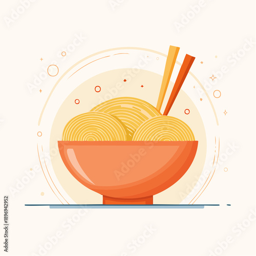 A bowl of noodles with chopsticks on a simple background.