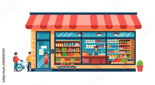 Charming Corner Store with Colorful Awning and Shelves Stocked with Goods.