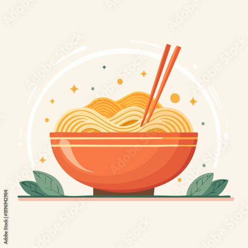 Delicious bowl of noodles with chopsticks on a decorative background.