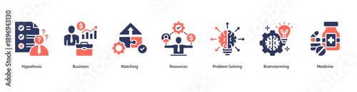 Hypothesis and Strategy web banner icon vector illustration featuring Hypothesis, Business, Matching, Resources, Problem Solving, Brainstorming, and Medicine.