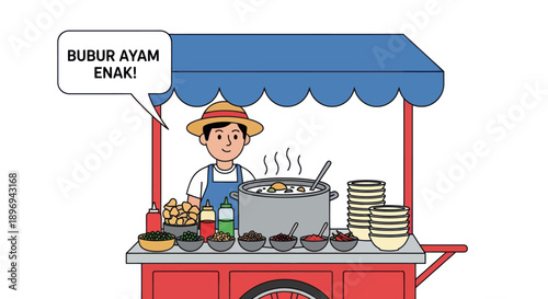 Cartoon Vendor Selling Indonesian Bubur Ayam Porridge from a Street Food Stall.