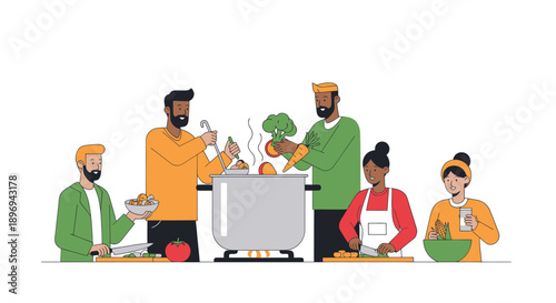 Diverse group of people cooking together in a kitchen preparing a healthy meal.