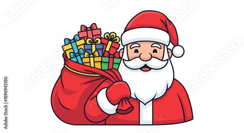 Cheerful Santa Claus holding a large red sack overflowing with colorful Christmas presents.