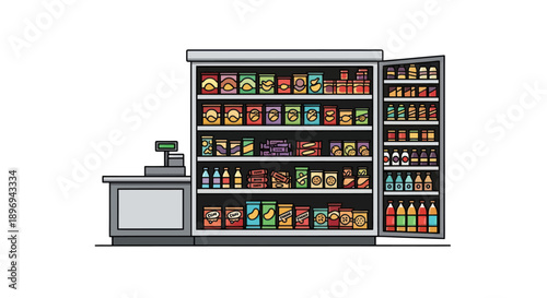 Fully stocked grocery store shelves with various food and beverage products including snacks and drinks.