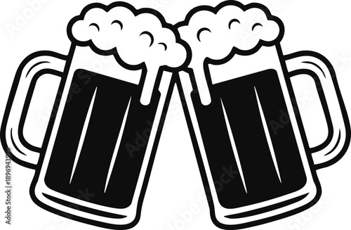 Minimalist Pub and Brewery Celebration Graphic,  two clinking beer mugs in celebration, vector, illustration, silhouette
