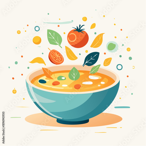 Bowl of Soup with Vegetables and Herbs.
