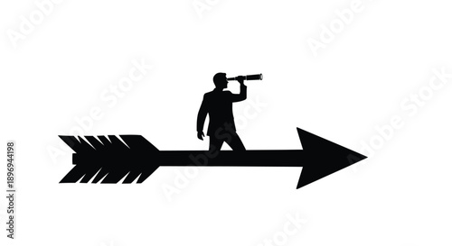 A silhouette of a man looking through binoculars atop a large arrow