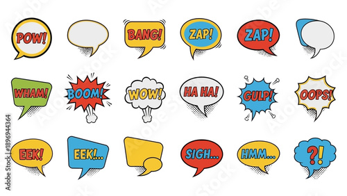 Colorful Comic Book Speech Bubbles with Dynamic Text and Halftone Effects.