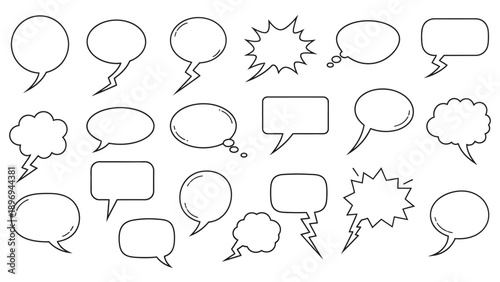 Collection of Various Black and White Comic Speech Bubbles Designs.