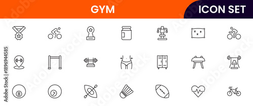 Gym icons depicting fitness, exercise, workout equipment, dumbbells, treadmills, yoga, strength training, health, wellness, cardio, personal training, motivation, stretching