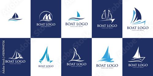 boat and sailing yacht logo designs, perfect for marine businesses or any water-related brand identity. Featuring various stylized nautical vessel symbols and wave elements